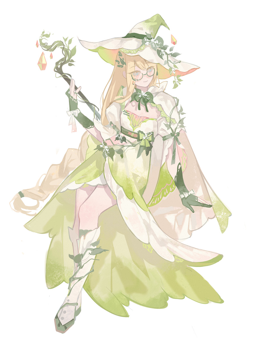 1girl absurdres aesc_(fate) aesc_(rain_witch)_(fate) artist_request blonde_hair blue_eyes blush commission dress fate/grand_order fate_(series) glasses hair_between_eyes hat highres long_hair second-party_source simple_background smile solo staff witch_hat