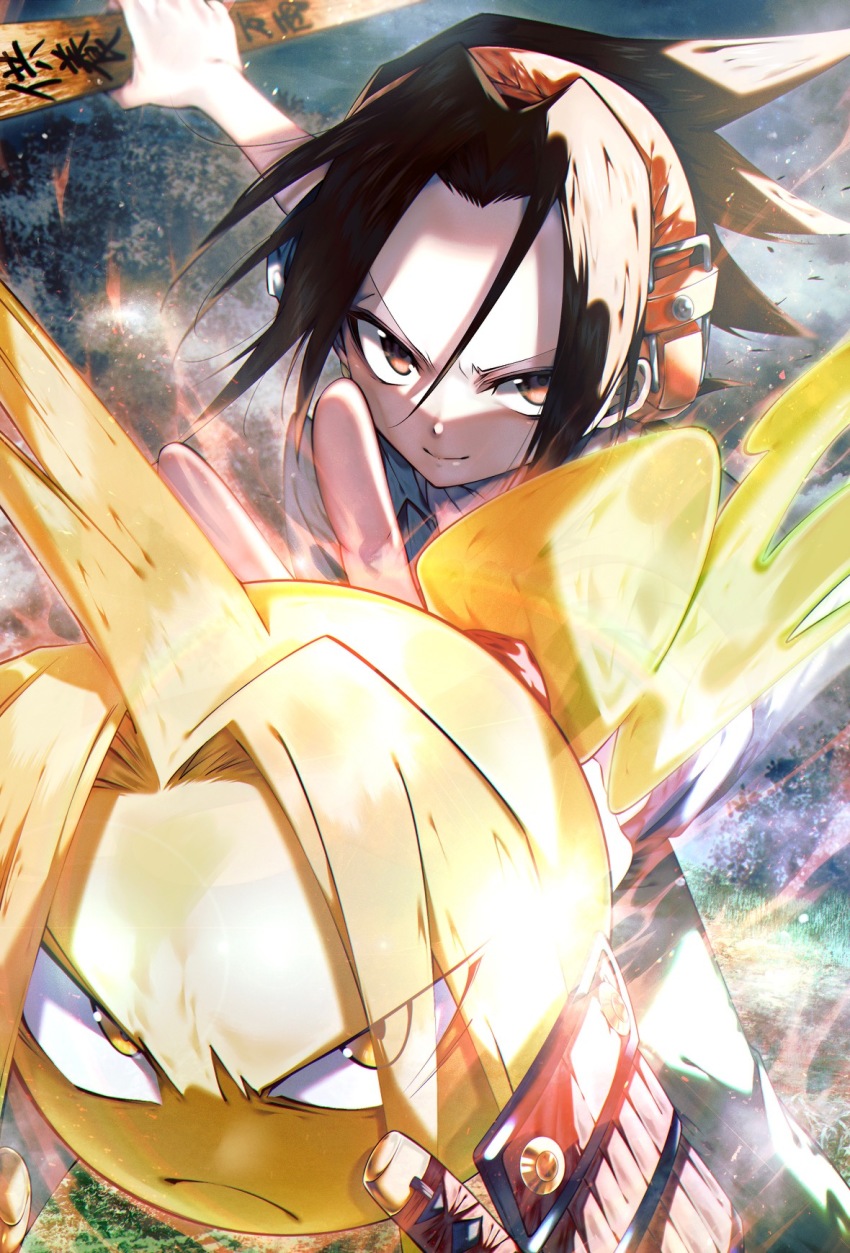 1boy amidamaru armor asakura_yoh blonde_hair brown_eyes brown_hair closed_mouth commentary commentary_request eyes_visible_through_hair frown furrowed_brow hand_up headphones highres holding japanese_armor katana light_smile looking_at_viewer male_focus nuesawa_kyo outstretched_arm parted_bangs sanpaku shaman_king short_hair shoulder_armor sode spirit sword symbol-only_commentary weapon yellow_eyes