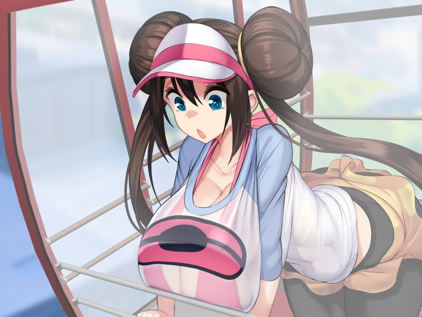 1girl bikini black_pantyhose blue_eyes breast_press breasts brown_hair cleavage collarbone creatures_(company) double_bun ferris_wheel game_freak hair_between_eyes hair_bun highres huge_breasts kawahagitei long_hair looking_down nintendo open_mouth pantyhose pink_bikini poke_ball_print pokemon pokemon_bw2 raglan_sleeves rosa_(pokemon) see-through_clothes shorts sidelocks swimsuit visor_cap yellow_shorts