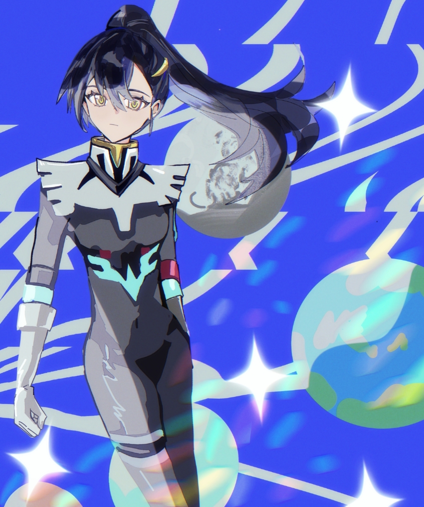 1girl absurdres black_hair cowboy_shot gundam gundam_gquuuuuux hair_ornament hairclip highres long_hair looking_at_viewer mecha_pilot_suit nyaan_(gundam_gquuuuuux) planet ponytail solo weicinitashanglelutu yellow_eyes
