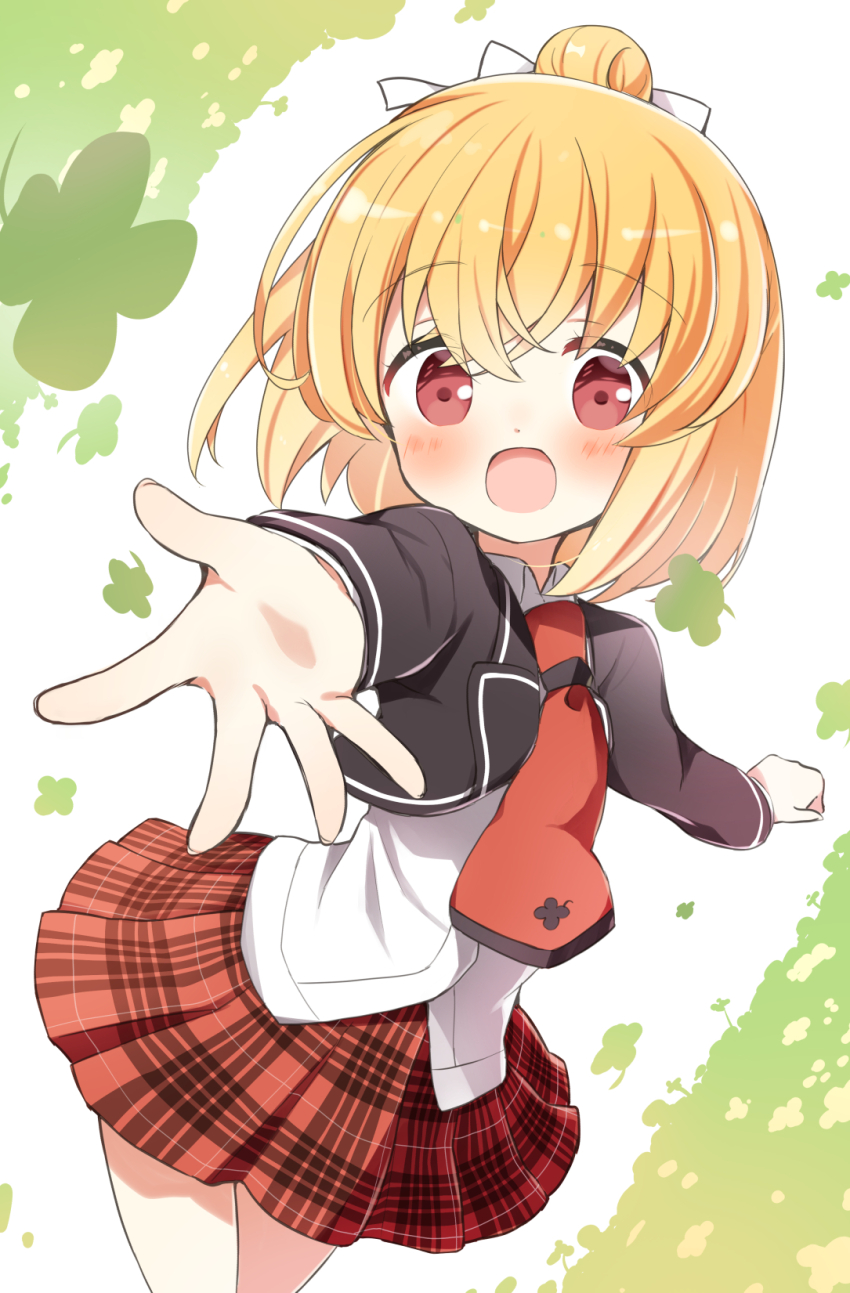 1girl :d anne_happy black_jacket blonde_hair blush bow clover collared_shirt cropped_jacket four-leaf_clover hair_between_eyes hair_bow hair_bun hanakoizumi_an highres ichiyo12 jacket looking_at_viewer necktie open_mouth plaid_clothes plaid_skirt pleated_skirt red_eyes red_necktie red_skirt school_uniform shirt skirt smile solo tennomifune_academy_school_uniform white_bow white_shirt