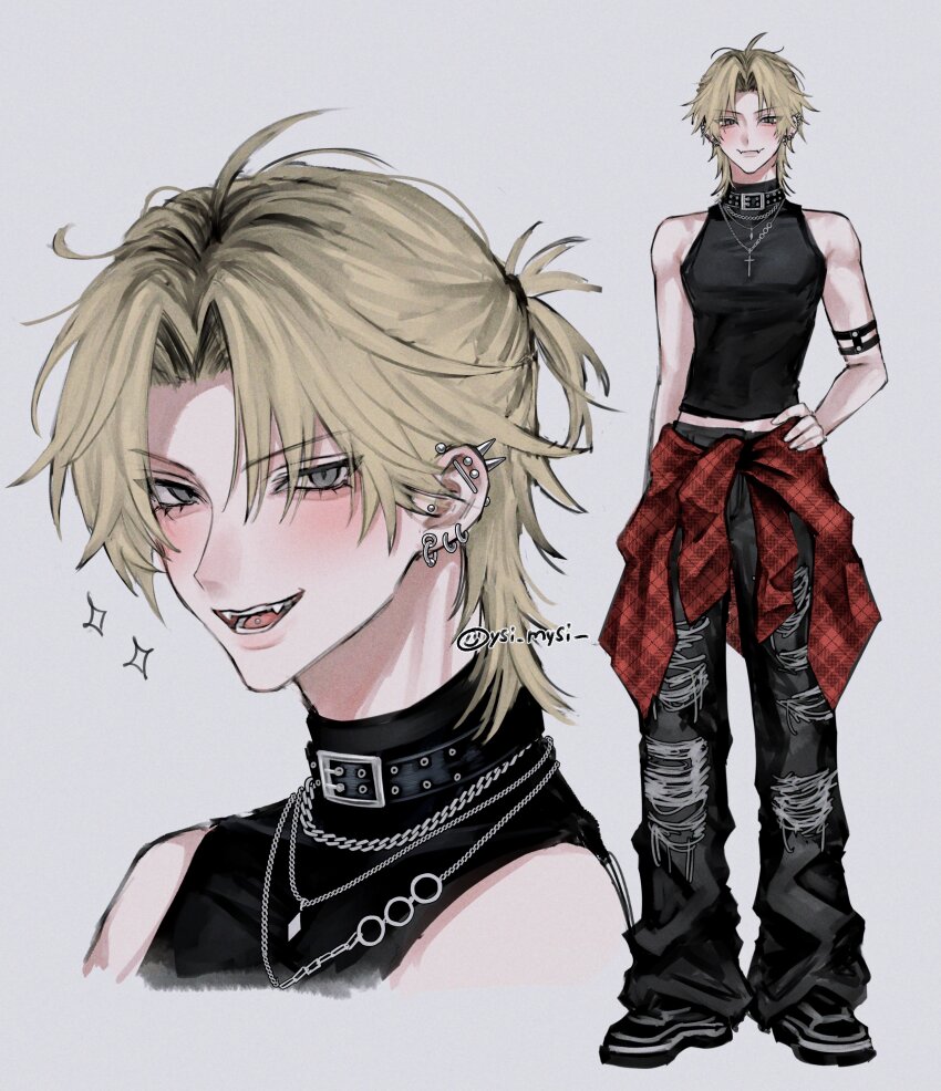 1boy absurdres bare_shoulders bell-bottoms belt_collar black_collar black_pants black_shirt black_shoes blonde_hair blush chain chain_necklace closed_mouth clothes_around_waist collar commentary ear_piercing earrings english_commentary fangs full_body grey_background grey_eyes hand_on_own_hip highres jewelry looking_at_viewer male_focus medium_hair midriff_peek necklace open_mouth original oysi_mysi pants piercing portrait shirt shirt_around_waist shoes simple_background skin_fangs sleeveless sleeveless_shirt slit_pupils smile sparkle tongue_piercing twitter_username