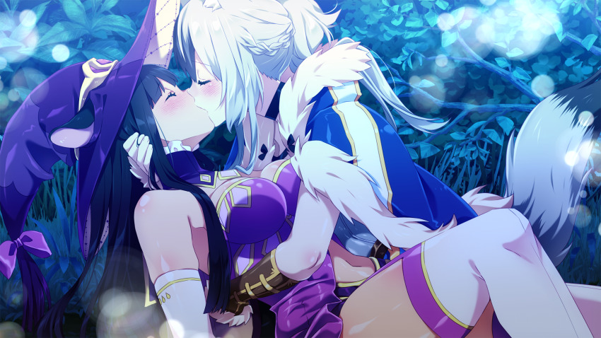 aki_(sakura_isekai_adventure) animal_ears armor armored_dress black_hair cat_ears dress fur_jacket fur_skirt game_cg grey_hair hat highres hug inma jacket kiss mina_(sakura_isekai_adventure) night official_art sakura_isekai_adventure wizard_hat yuri