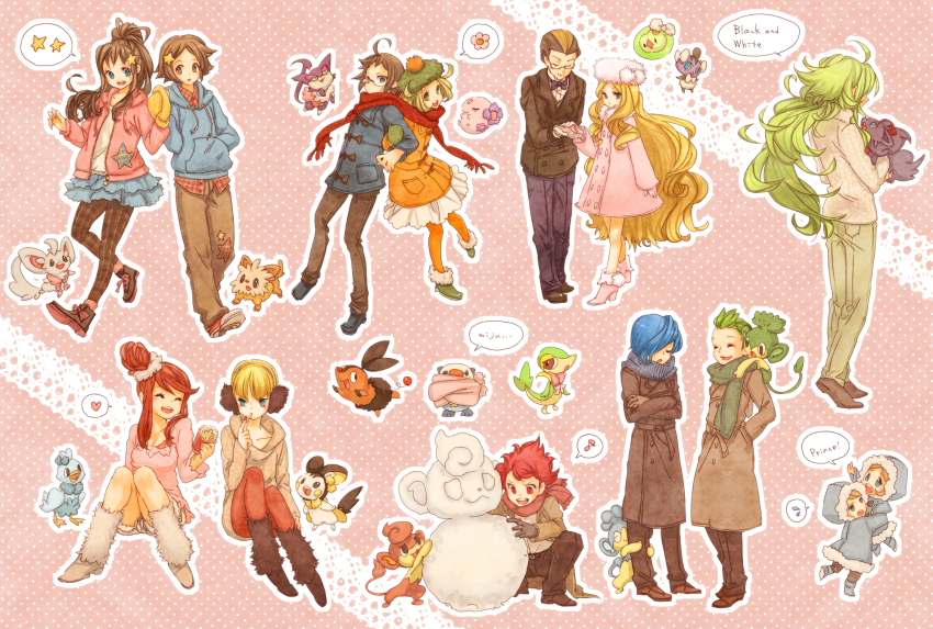 10s 6+boys 6+girls alternate_costume bad_id bad_pixiv_id bianca_(pokemon) bow bowtie caitlin_(pokemon) cheren_(pokemon) chibi chili_(pokemon) cilan_(pokemon) coat couple cress_(pokemon) darach_(pokemon) ducklett eating elesa_(pokemon) elite_four emolga flower frontier_brain gen_5_pokemon gloves gothita gym_leader hair_ornament heart highres hilbert_(pokemon) hilda_(pokemon) kumatani lillipup minccino multiple_boys multiple_girls munna musical_note n_(pokemon) nintendo oshawott panpour pansage pansear pantyhose pokemon pokemon_(creature) pokemon_bw purrloin scarf skyla_(pokemon) snivy snowman solosis speech_bubble spoken_heart star_(symbol) starter_pokemon_trio team_plasma team_plasma_grunt tepig zorua