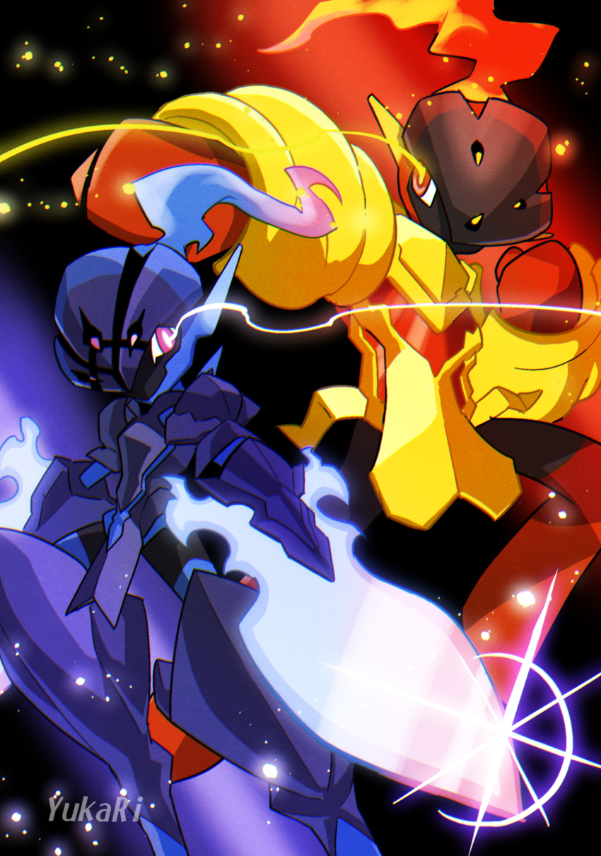 armarouge artist_name black_background bright_pupils ceruledge commentary_request eye_trail glint highres light_trail nintendo no_humans orange_eyes pokemon pokemon_(creature) purple_eyes watermark white_pupils yukari_(yukari21653710)