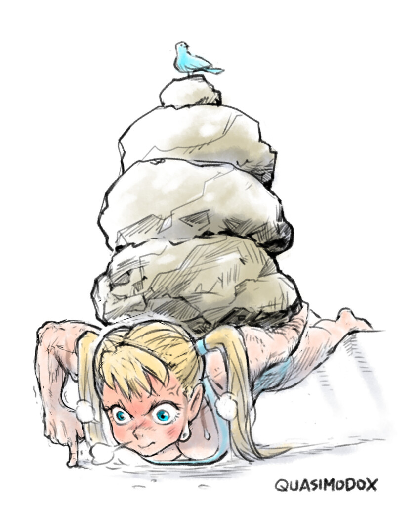 1girl anger_vein bird blonde_hair blue_bodysuit blue_eyes bodysuit breasts clean exercising finger_push-ups highres medium_breasts push-ups quasimodox rainbow_mika rock solo street_fighter twintails