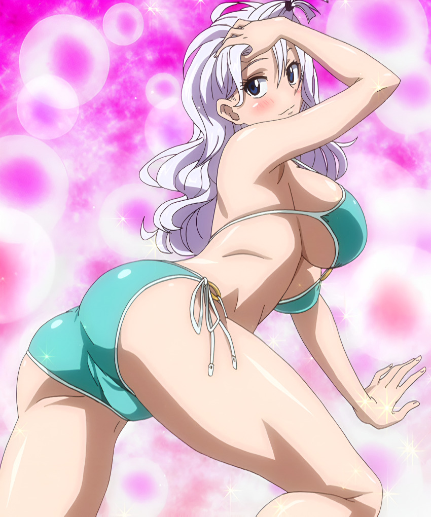 1girl absurdres anime_screenshot arms_up ass bikini blue_eyes breasts fairy_tail female_focus front_ponytail highres huge_ass large_breasts long_hair looking_at_viewer mirajane_strauss silver_hair solo stitched swimsuit third-party_edit trefoil underboob