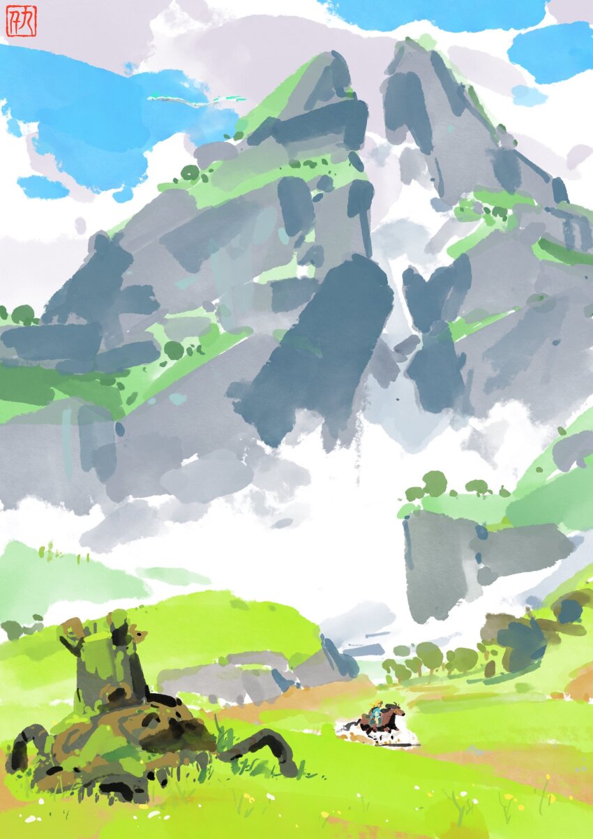 1boy abandoned blue_sky cloud cloudy_sky grass guardian_(zelda) highres hill horse link mountain neo1900 nintendo riding robot scenery sky solo the_legend_of_zelda the_legend_of_zelda:_breath_of_the_wild the_legend_of_zelda:_tears_of_the_kingdom