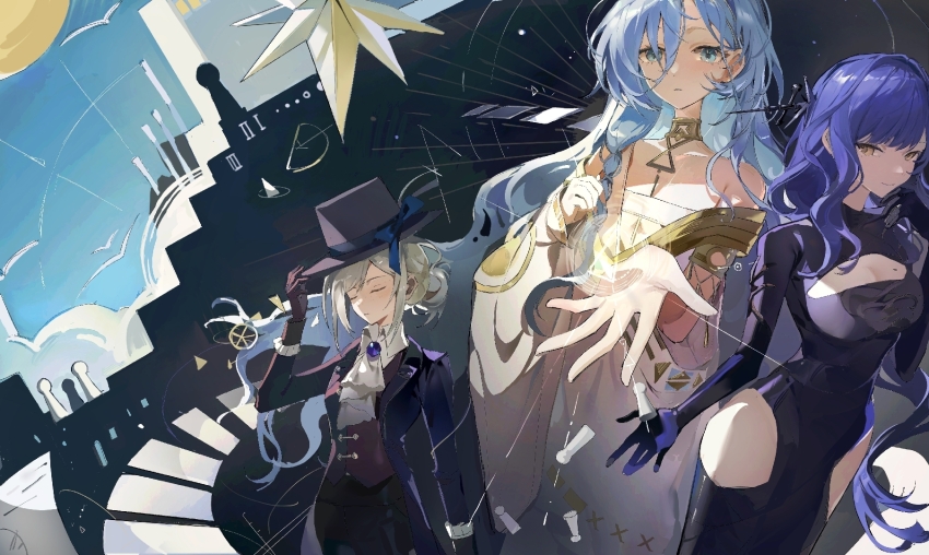 37_(reverse:1999) 3girls adjusting_clothes adjusting_headwear ancient_greek_clothes arcana_(reverse:1999) ascot bare_shoulders black_background black_coat black_dress black_gloves black_hat black_pants black_vest blue_bow blue_brooch blue_eyes blue_hair blue_sky boater_hat bow breasts cleavage cleavage_cutout closed_eyes closed_mouth clothing_cutout coat collared_shirt cowboy_shot dress elbow_gloves expressionless gloves gold_choker greco-roman_clothes grey_hair hair_between_eyes hair_bun hand_on_headwear hand_up hands_up hat hat_bow highres long_dress long_hair long_sleeves looking_at_viewer medium_breasts multiple_girls off_shoulder outstretched_arm outstretched_hand pants poxiao_buff reverse:1999 shirt short_hair single_side_bun sky smile thigh_cutout toga triangle vertin_(reverse:1999) very_long_hair vest waistcoat white_ascot white_shirt yellow_eyes