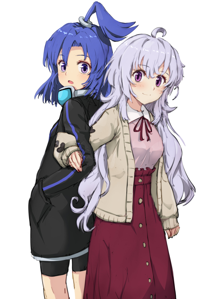 2girls back-to-back black_jacket black_shorts blush closed_mouth collar collared_shirt eyebrows_hidden_by_hair feet_out_of_frame high-waist_skirt highres jacket kazanari_tsubasa_(another) locked_arms long_hair looking_at_viewer medium_hair multiple_girls open_mouth pink_hair pink_shirt purple_eyes red_skirt senki_zesshou_symphogear shirt shorts simple_background skirt suzunari-sakuya sweater very_long_hair white_background white_collar white_hair white_sweater yukine_chris_(another)