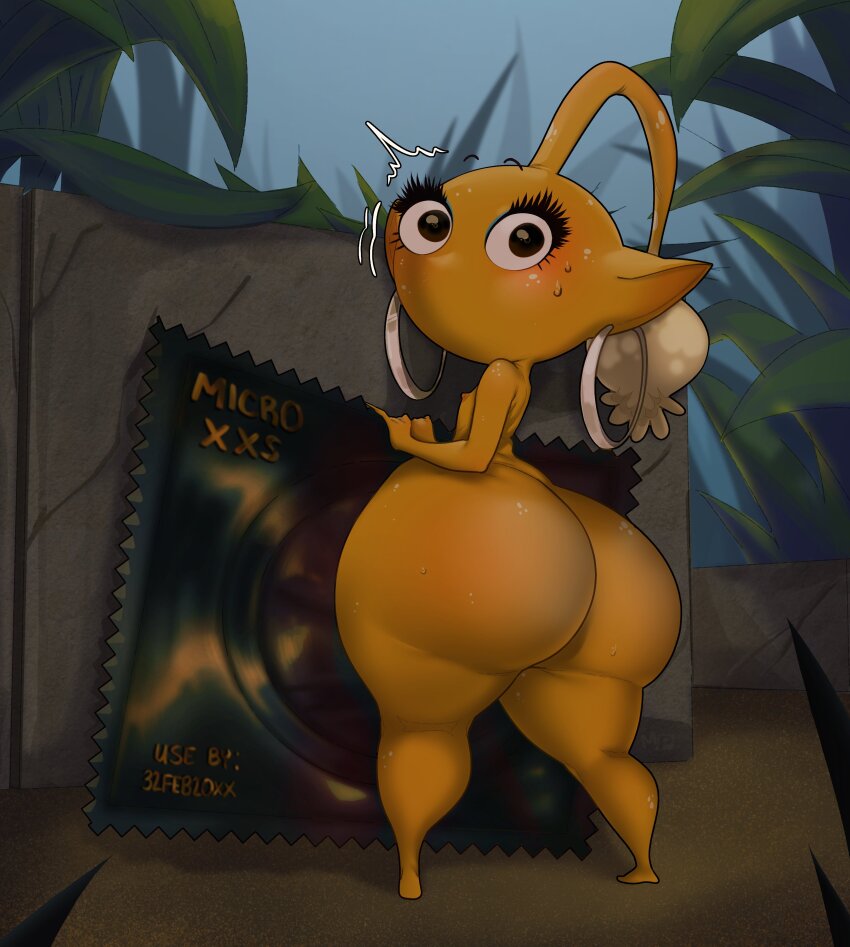 1girl absurdres artistic_error ass blue_eyeshadow blush colored_skin commentary completely_nude condom condom_wrapper earrings english_commentary eyelashes eyeshadow flat_chest full_body genderswap genderswap_(otf) highres holding holding_condom hoop_earrings huge_ass jewelry kneepits long_eyelashes looking_back mahmapuu makeup mini_person minigirl monster_girl nintendo nipples no_mouth no_nose nude pear-shaped_figure pikmin_(creature) pikmin_(series) pointy_ears shortstack solo sweat tiny wide_hips yellow_pikmin yellow_skin