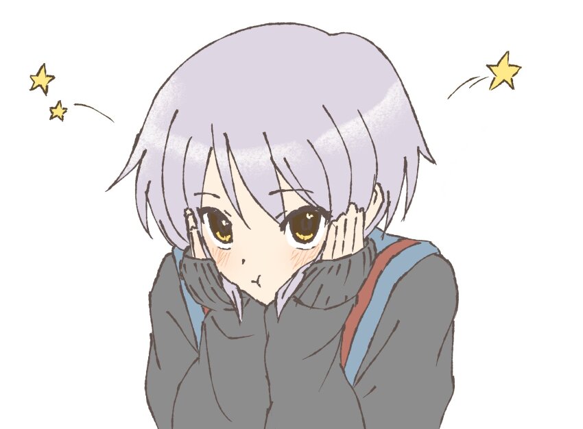 :t black_cardigan blue_sailor_collar blush cardigan from_above hands_on_own_cheeks hands_on_own_face highres kita_high_school_uniform long_sleeves nagato_yuki purple_hair sailor_collar school_uniform short_hair simple_background sleeves_past_wrists star_(symbol) suzumiya_haruhi_no_yuuutsu waka_849 white_background yellow_eyes