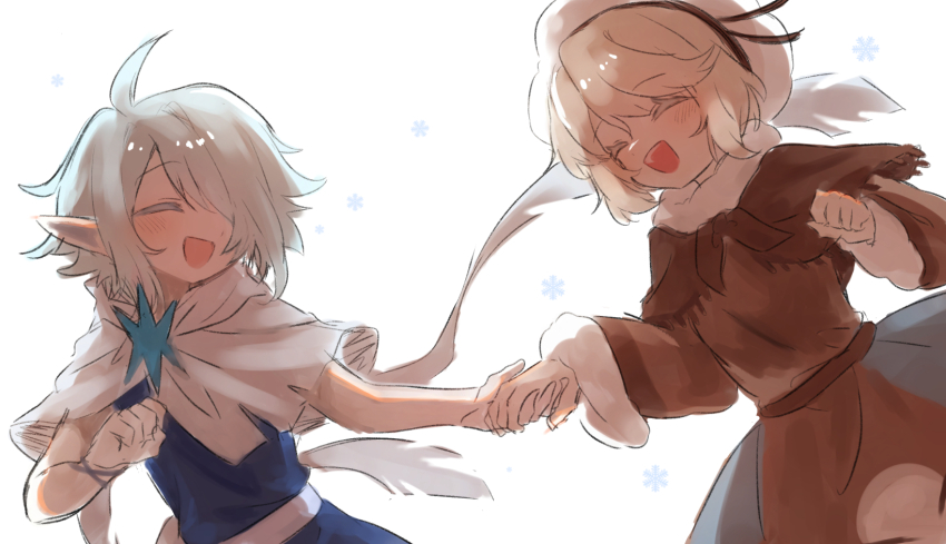1boy 1girl ahoge androgynous beret blue_hair brown_capelet brown_dress cape capelet child closed_eyes commentary_request cookie_run cookie_run:_kingdom cotton_cookie dress gimt5n hair_over_one_eye happy hat highres holding_hands humanization korean_commentary running sherbet_cookie short_hair smile snowflakes white_background white_cape white_hair white_hat