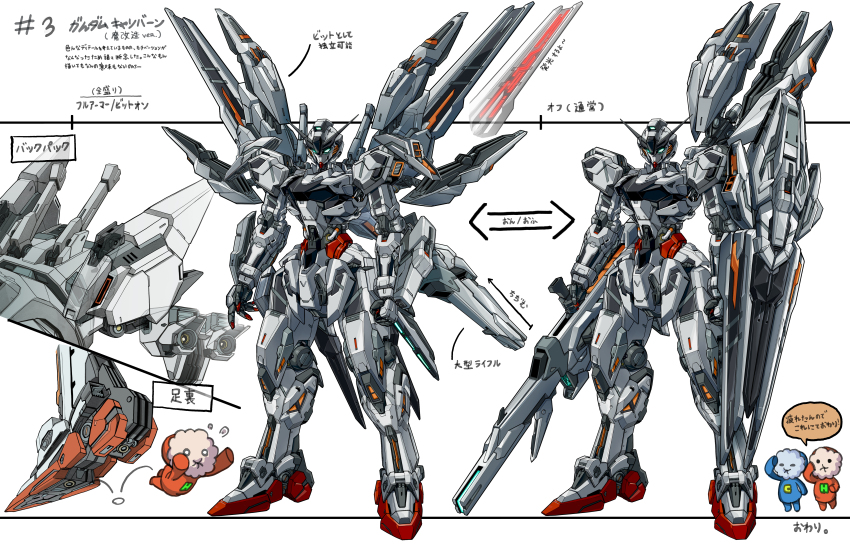 absurdres arm_shield arms_at_sides arrow_(symbol) beam_cannon clenched_hand commentary_request cool_(gundam_suisei_no_majo) energy_cannon full_body green_eyes gundam gundam_calibarn gundam_suisei_no_majo highres holding_cannon hots_(gundam_suisei_no_majo) mecha mecha_focus mechanical_wings mobile_suit multiple_views no_humans open_hand redesign robot science_fiction speech_bubble standing thrusters translation_request v-fin veerinly white_background wings