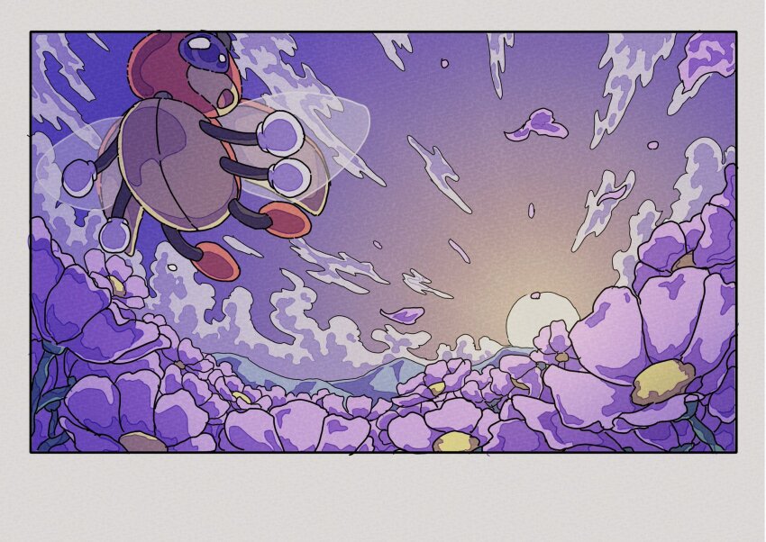 animal_focus blue_sky flower flying full_body gen_2_pokemon highres ledian mountain nintendo no_humans onamuzi_illust open_mouth petals pokemon pokemon_(creature) pokemon_focus purple_flower sky sun sunset wings