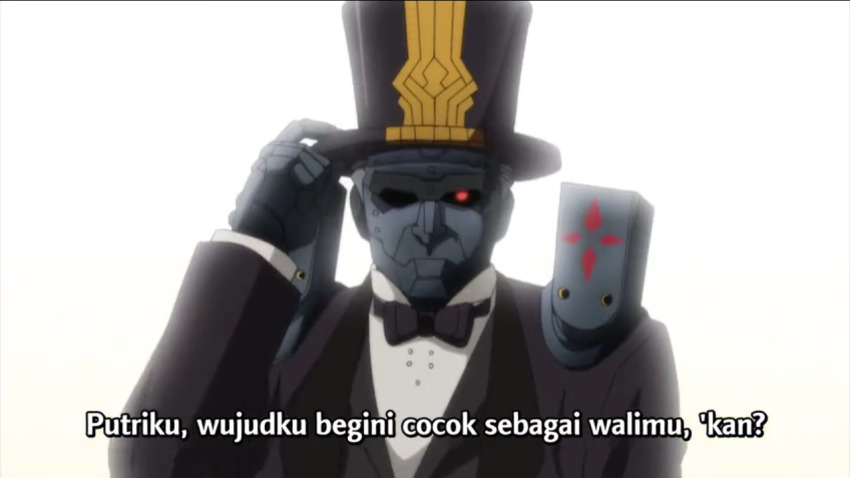 1boy bow bowtie carnival_phantasm charles_babbage_(fate) fate/grand_carnival fate/grand_order fate_(series) formal_clothes hand_up hat mecha no_humans old old_man one-eyed robot screencap