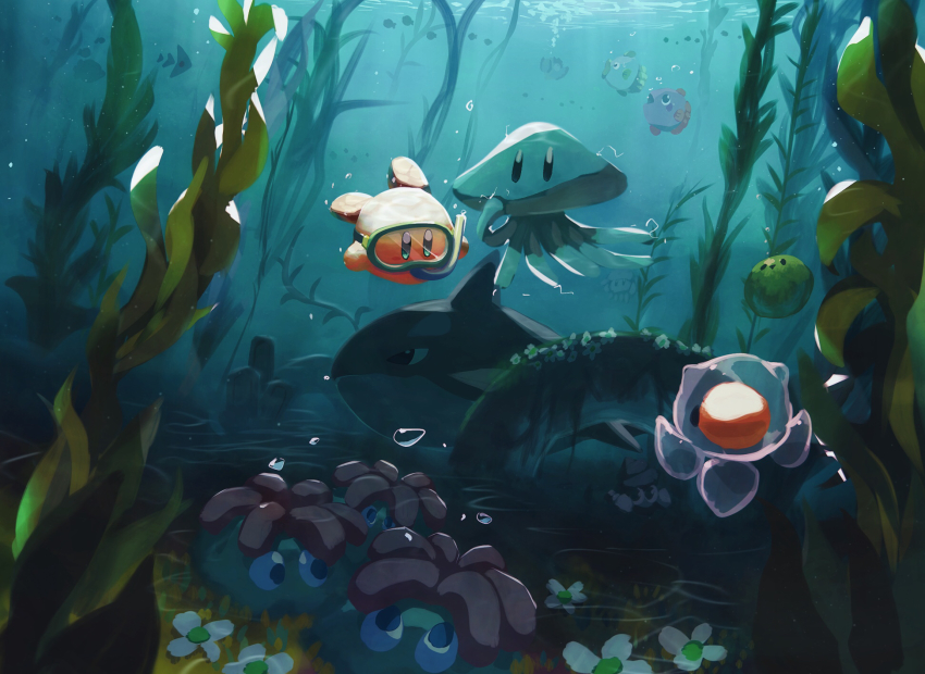 acro_(kirby) afloat asphyxiation birdon_(kirby) bubble character_request check_character coner craby_(kirby) creature day diving diving_mask drowning fish fishbone_(kirby) flower glunk_(kirby) goggles gordo grass highres jellyfish kine_(kirby) kirby kirby_(series) master_green_(kirby) mine_(kirby) mony_(kirby) nintendo no_humans ocean orca scenery seaweed shark slushy_(kirby) squibby squishy_(kirby) suyasuyabi swimming tentacles underwater waddle_dee zebon