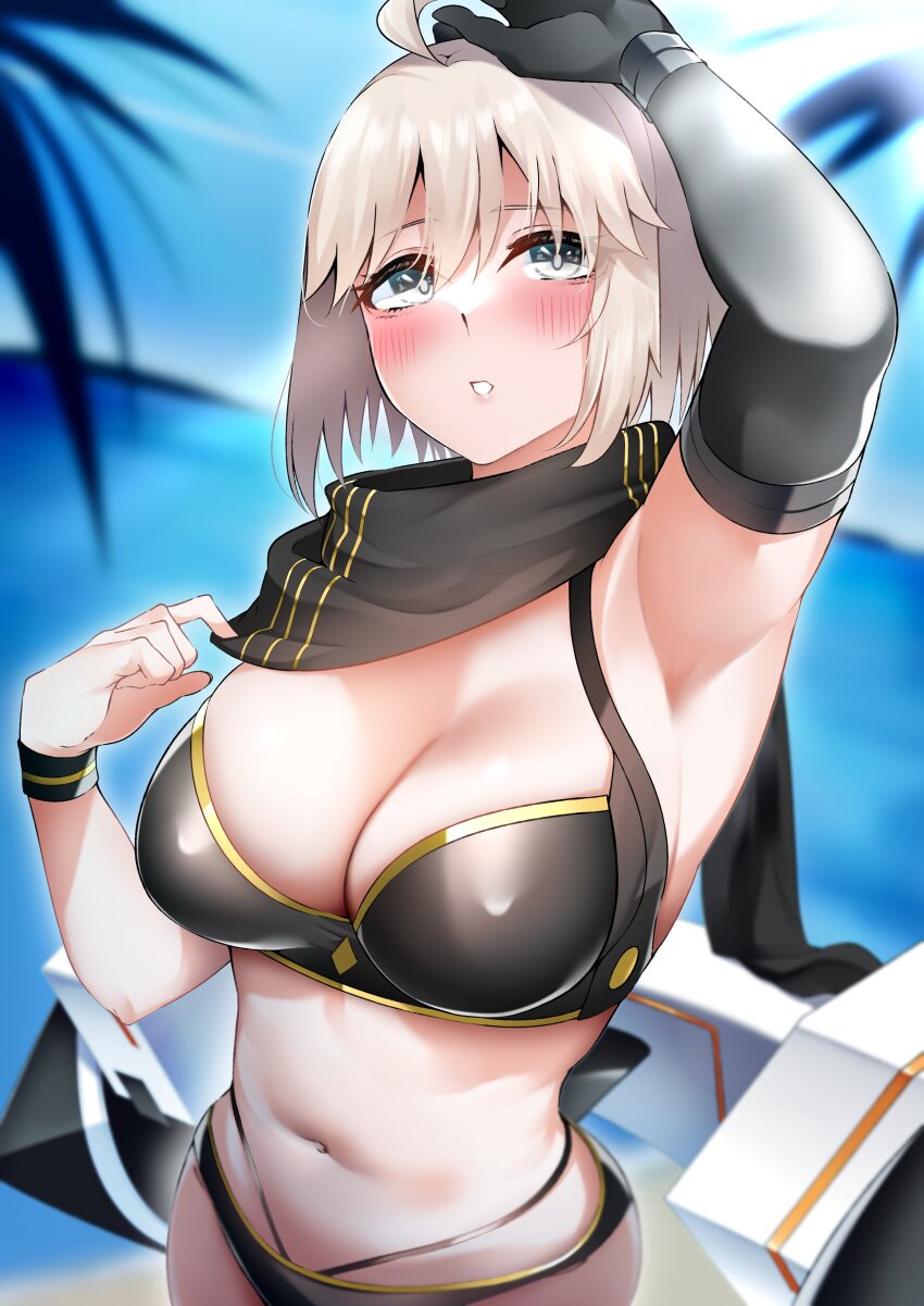 1girl absurdres ahoge bare_shoulders bikini black_bikini black_bow black_gloves black_scarf blonde_hair blush bow breasts cleavage fate/grand_order fate_(series) gloves grey_eyes hair_bow half_updo highres jetpack large_breasts len_(hand_linke) looking_at_viewer okita_j._souji_(fate) okita_j._souji_(first_ascension)_(fate) okita_souji_(fate) scarf short_hair solo swimsuit