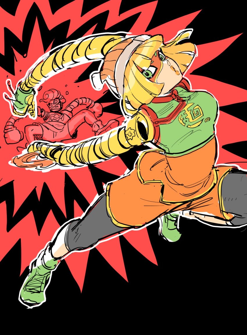1boy 1girl arms_(game) beanie black_background dancho_no_mori domino_mask dragon_(arms) full_body green_eyes hat highres leggings mask min_min_(arms) nintendo orange_lips oshirimarsh pursed_lips red_background solo_focus spring_man_(arms) two-tone_background
