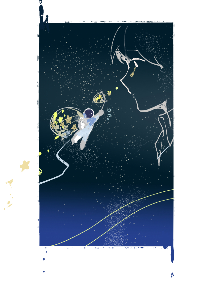 1boy 1other astronaut border butterfly_net crying crying_with_eyes_open hand_net helmet highres lantercat looking_at_another male_focus net oldest_dream omniscient_reader&#039;s_viewpoint outline outside_border reaching reaching_towards_another sketch sky solo space_helmet star_(sky) starry_sky tears tether white_border white_outline