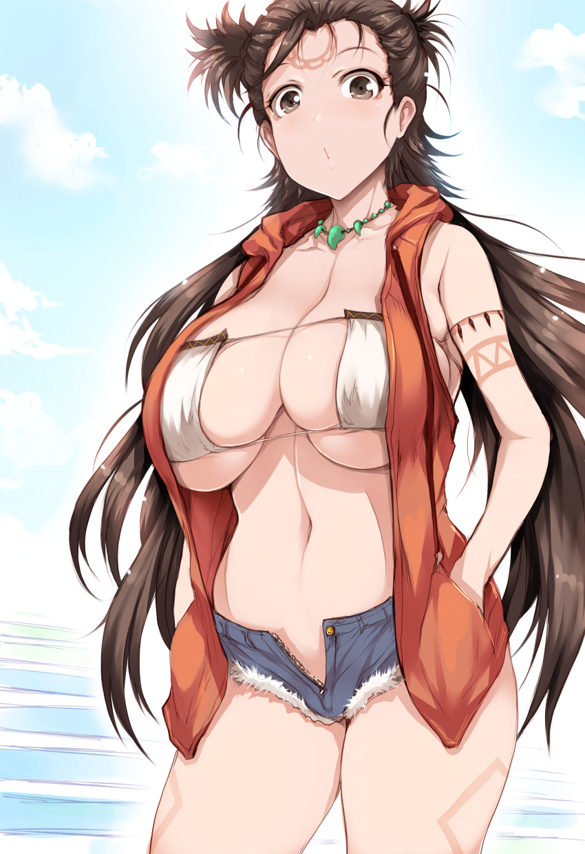 1girl bare_shoulders beads bikini bikini_top_only blue_shorts breasts brown_eyes brown_hair cleavage collarbone contemporary denim denim_shorts drawstring facial_mark fate/grand_order fate_(series) forehead forehead_mark heroic_spirit_tour_outfit highres himiko_(fate) himiko_(tour_outfit)_(fate) hood hooded_vest hoodie jewelry large_breasts long_hair looking_at_viewer magatama magatama_necklace necklace open_fly orange_vest short_shorts shorts skindentation solo swimsuit topknot tsukasawa_takamatsu twintails vest white_bikini