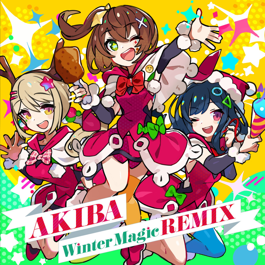3girls :d ;d absurdres album_cover antlers arm_up black_sleeves blonde_hair blue_hair bow breasts brown_hair capelet chicken_(food) chicken_leg cover denonbu detached_sleeves fake_antlers food green_bow green_eyes hair_ornament hat hidaka_reina_(denonbu) highres holding holding_food horns kayano_futaba kurumitsu long_hair looking_at_viewer low_twintails medium_breasts multiple_girls official_alternate_costume official_art one_eye_closed open_mouth red_bow red_capelet red_shirt red_skirt reindeer_antlers santa_hat second-party_source shinonome_kazune shirt short_hair skirt smile sparkle star_(symbol) star_hair_ornament twintails