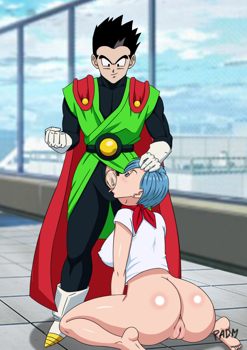 10s 1boy 1girl absurdres anus ass black_hair blue_eyes blue_hair breasts bulma cape cleft_of_venus curvy dragon_ball dragon_ball_super fellatio hetero highres huge_ass licking mature_female muscular nipples oral padm penis pussy shiny_skin sitting smile son_gohan text_focus uncensored