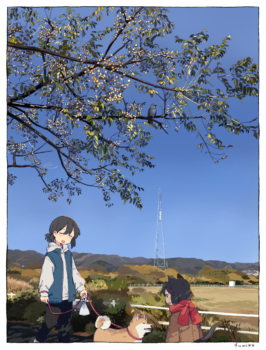 2girls absurdres animal_ears bird black_hair blue_jacket blush border branch brown_jacket cat_ears cat_girl cat_tail closed_eyes commentary_request fumiko_(rubra_plumeria) hair_ornament hairclip highres holding holding_leash hood hood_down hoodie jacket leash long_sleeves medium_hair multiple_girls open_clothes open_jacket open_mouth original outdoors pet_walking ponytail red_scarf scarf shiba_inu sidelocks smile tail white_border white_hoodie