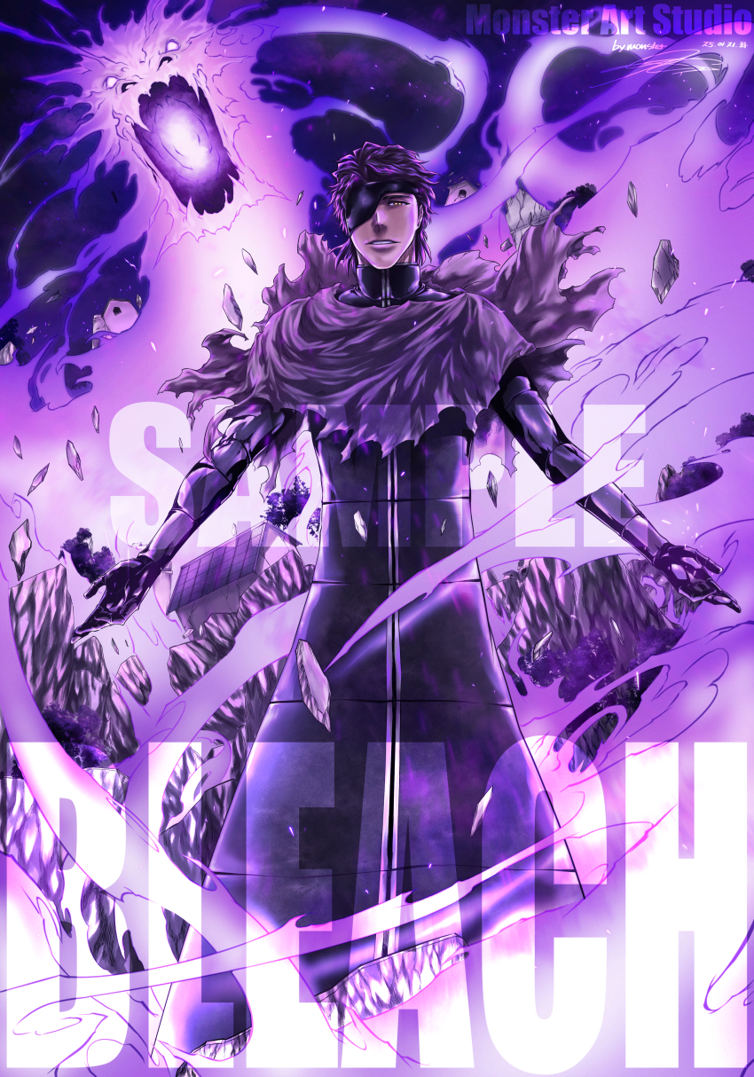 1boy 2025 a-pose absurdres aizen_sousuke artist_name aura black_bodysuit bleach bleach:_sennen_kessen-hen bodysuit brown_hair casting_spell commentary copyright_name dated dragon eyepatch feet_out_of_frame floating_clothes highres light_smile looking_at_viewer magic making-of_available male_focus monster_art_(rlawnsgr7) nose one_eye_covered outdoors outstretched_hand parted_lips procreate_(medium) rubble sample_watermark short_hair signature solo spiked_hair standing watermark yellow_eyes