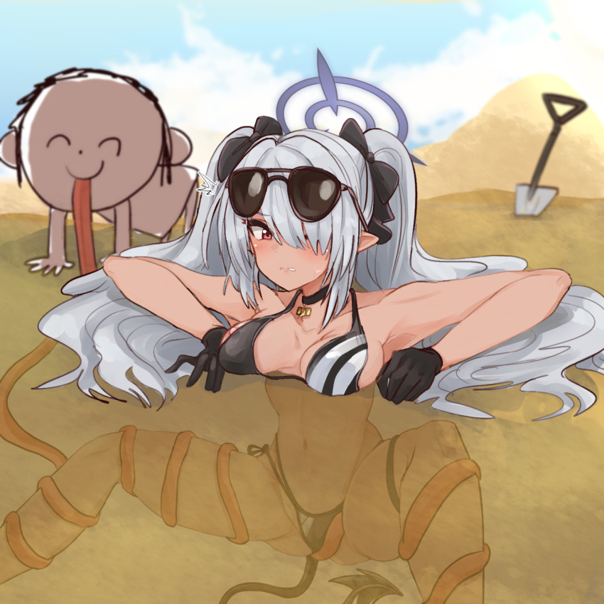 1boy 1girl bikini black_bikini black_choker black_gloves black_ribbon blue_archive blue_halo blush breast_rest breasts buried chinese_commentary choker commentary_request day demon_girl demon_tail doodle_sensei_(blue_archive) eyewear_on_head gloves grey_hair hair_over_one_eye hair_ribbon halo hetero highres iori_(blue_archive) iori_(swimsuit)_(blue_archive) kankaku_shadan long_hair long_tongue medium_breasts multi-strapped_bikini_bottom official_alternate_costume pointy_ears red_eyes ribbon sand sensei_(blue_archive) shiming_liangjing shovel side-tie_bikini_bottom sky spread_legs sunglasses swimsuit tail tentacle_tongue tongue twintails very_long_tongue