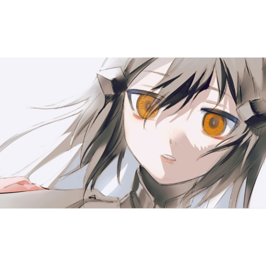 1girl black_hair chinese_commentary close-up commentary_request dandelion_(girls&#039;_frontline) dutch_angle girls&#039;_frontline hair_between_eyes headgear highres jibao long_hair looking_at_viewer orange_eyes parted_lips solo
