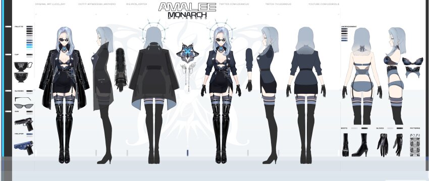 1girl absurdres artist_name belt black_coat black_footwear black_gloves black_skirt black_suit boots bra breasts butterfly_brooch chain character_name reference_sheet cleavage coat coat_on_shoulders color_guide commentary cup earrings forehead formal_clothes from_behind front_slit full_body garter_belt garter_straps gloves grey_hair gun hair_over_one_eye halo halo_behind_head handgun high_belt high_heels highres holster janyhero jewelry lace lace_bra lace_collar lace_garter_belt lapels latex_thigh_boots leather leather_gloves legwear_garter long_hair looking_at_viewer looking_over_eyewear lucidsky mafia monarch_(amalee) monarch_(mafia)_(amalee) multiple_views notched_lapels official_alternate_costume official_art open_clothes open_coat panties pencil_skirt second-party_source shoulder_holster skirt skirt_suit sleeves_rolled_up small_breasts standing suit sunglasses tachi-e teacup thigh_boots thighhighs tinted_eyewear turnaround unbuttoned unbuttoned_shirt underwear virtual_youtuber vshojo weapon