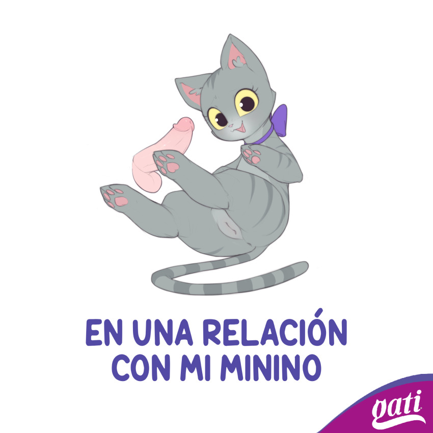 1girl :3 animal animal_focus animal_sexualization anus bestiality black_eyes bow cat cleft_of_venus colored_sclera company_name disembodied_penis erection fang flat_color gati_petfood happy hetero highres kekitopu logo looking_at_viewer open_mouth pawpads penis purple_bow pussy raised_eyebrows simple_background skin_fang smile solo_focus spanish_text testicles translation_request uncensored white_background yellow_sclera