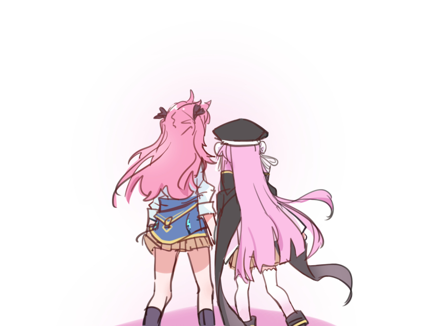2girls aikawa_megumi clothes_around_waist double_bun facing_away green_eyes hair_bun hat heaven_burns_red highres jacket kunimi_tama long_hair long_sleeves military_hat multiple_girls pink_hair rantan_0925 ribbon shirt skirt two_side_up white_shirt