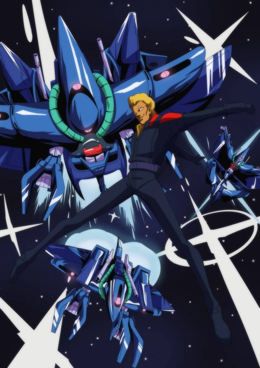 1980s_(style) 1990s_(style) 1boy alternate_form artist_request beam_cannon belt blonde_hair cable claws crazy_eyes extra_eyes glint gundam hambrabi highres mecha mecha_pilot_suit mobile_suit oldschool retro_artstyle robot science_fiction smirk space star_(sky) titans_(gundam) traditional_media weapon yazan_gable zeta_gundam