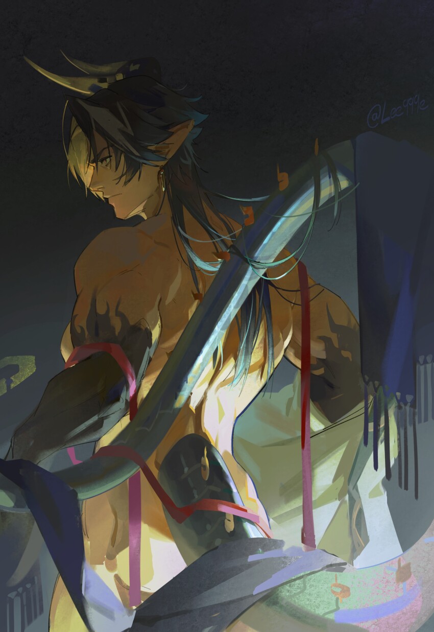 1boy absurdres arknights ass black_hair black_skirt blue_scarf chongyue_(arknights) colored_skin commentary_request dragon_boy dragon_horns dragon_tail earrings facing_away frown highres horns jewelry lee999nine long_hair looking_to_the_side male_focus nude pointy_ears red_eyes scarf skirt solo tail undressing