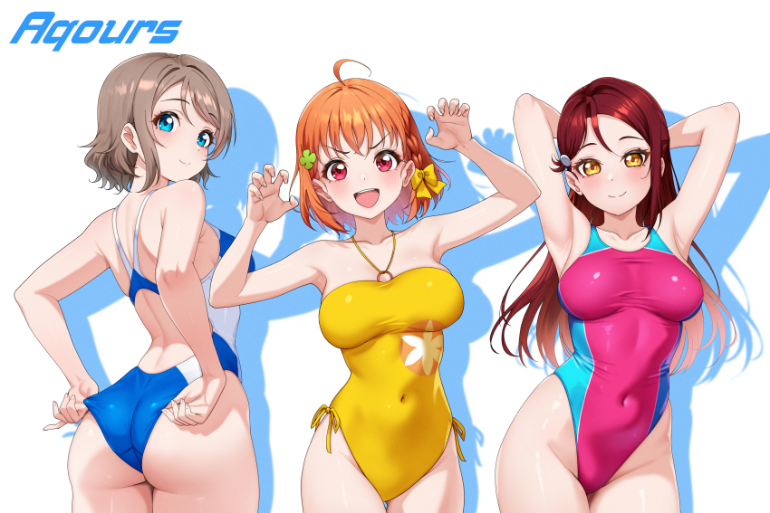 4ddd absurdres adjusting_clothes adjusting_swimsuit ahoge armpits arms_up ass blue_eyes blue_one-piece_swimsuit braid breasts brown_hair clover commission competition_swimsuit covered_navel curvy four-leaf_clover from_behind gao grey_hair group_name hair_ornament highleg highleg_leotard highres large_breasts leotard love_live! love_live!_sunshine!! multiple_girls navel one-piece_swimsuit orange_hair pink_one-piece_swimsuit pixiv_commission plump red_eyes red_hair ribbon sakurauchi_riko short_hair simple_background single_braid swimsuit takami_chika two-tone_swimsuit watanabe_you wavy_hair wedgie white_background yellow_eyes yellow_one-piece_swimsuit