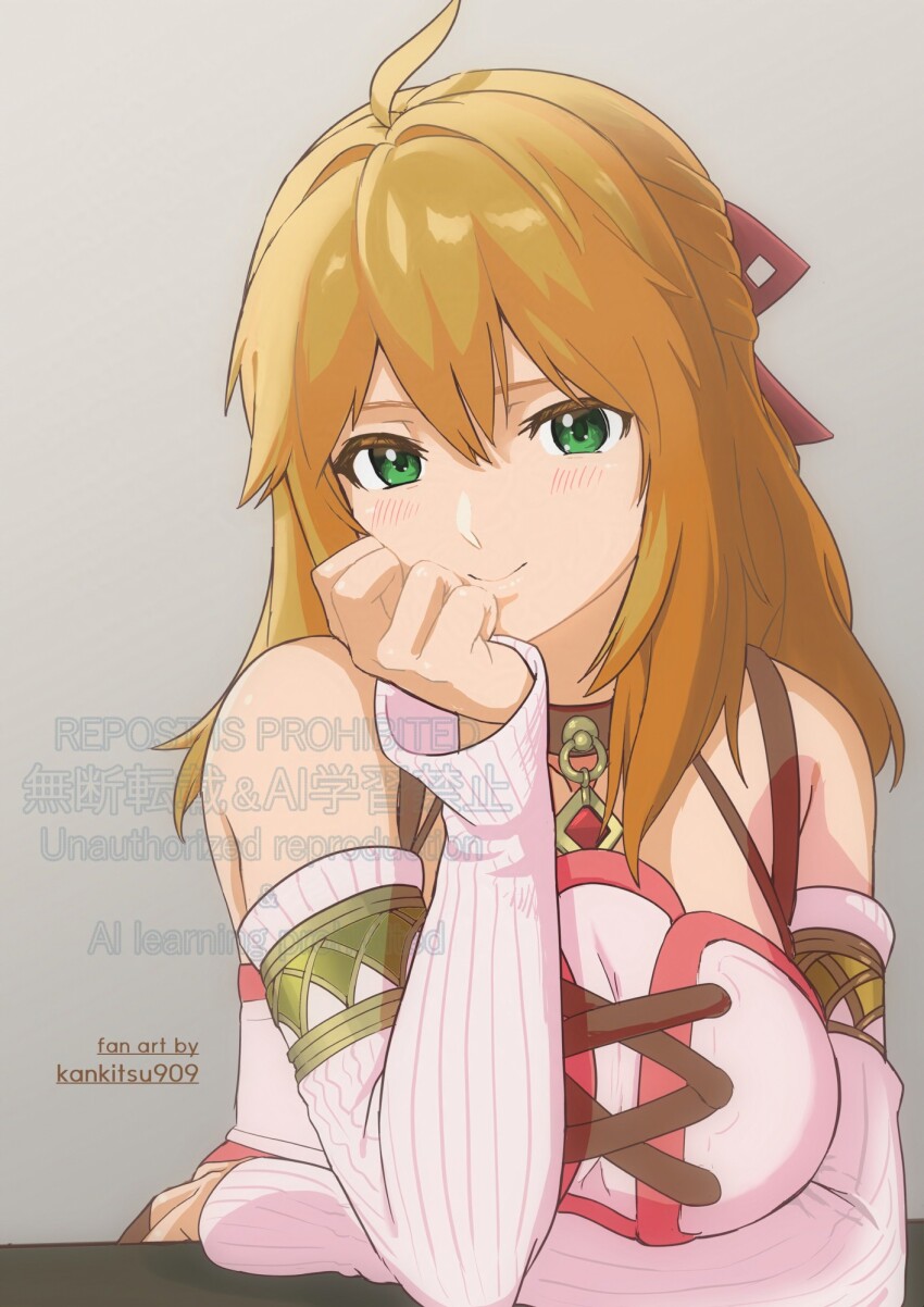 1girl antenna_hair arm_support arm_under_breasts artist_name bare_shoulders blonde_hair breasts cleavage closed_mouth commentary_request detached_sleeves fiora_(xenoblade) green_eyes grey_background hair_between_eyes hair_intakes hair_ornament hand_on_own_face highres karian909 large_breasts light_blush long_hair looking_at_viewer simple_background smile solo upper_body watermark white_sleeves xenoblade_chronicles_(series) xenoblade_chronicles_1