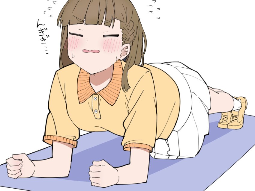 1girl =_= blunt_bangs blush braid brown_hair center-flap_bangs clenched_hands closed_eyes collared_shirt commentary_request flying_sweatdrops full_body hashtag-only_commentary highres kachimachi_kosuzu kachimachi_kosuzu_(summer_training_wear) link!_like!_love_live! liz_(piyoko_piyop) long_hair love_live! mat miniskirt open_mouth planking pleated_skirt polo_shirt shirt shoes side_braids simple_background skirt sneakers socks solo struggling sweatdrop translation_request v-shaped_eyebrows virtual_youtuber white_background white_skirt white_socks yellow_shirt yellow_shoes