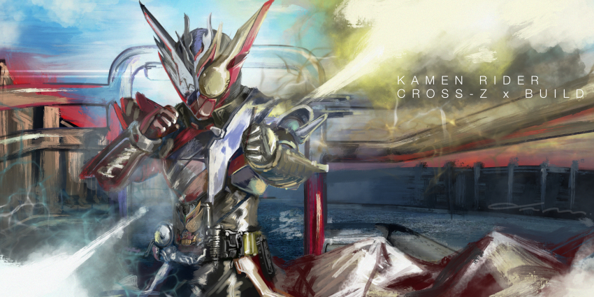 1boy absurdres animal_ears armor asymmetrical_footwear asymmetrical_gloves asymmetrical_legwear blue_armor blue_eyes blue_footwear blue_sky build_driver city cityscape cloud coattails cross-zbuild_can cross-zbuild_form dragon fighting_stance flame_print fusion gloves glowing glowing_eyes heterochromia highres kamen_rider kamen_rider_build kamen_rider_build_(series) kamen_rider_cross-z kamen_rider_cross-zbuild landing lightning looking_at_viewer male_focus mismatched_footwear mismatched_gloves mismatched_legwear rabbit_ears red_armor red_footwear rider_belt sky standing tokusatsu yellow_eyes yygnzm