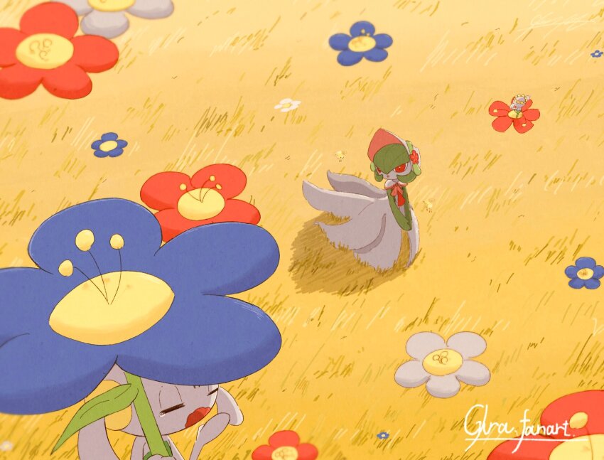 blue_flower bob_cut bonnet dress flabebe flabebe_(red_flower) floette floette_(blue_flower) flower gardevoir gardevoir_(fashionable) gen_3_pokemon gen_6_pokemon green_hair gyura hat hat_flower highres nintendo pink_eyes pokemon pokemon_(creature) pokemon_unite red_flower signature v_arms white_dress