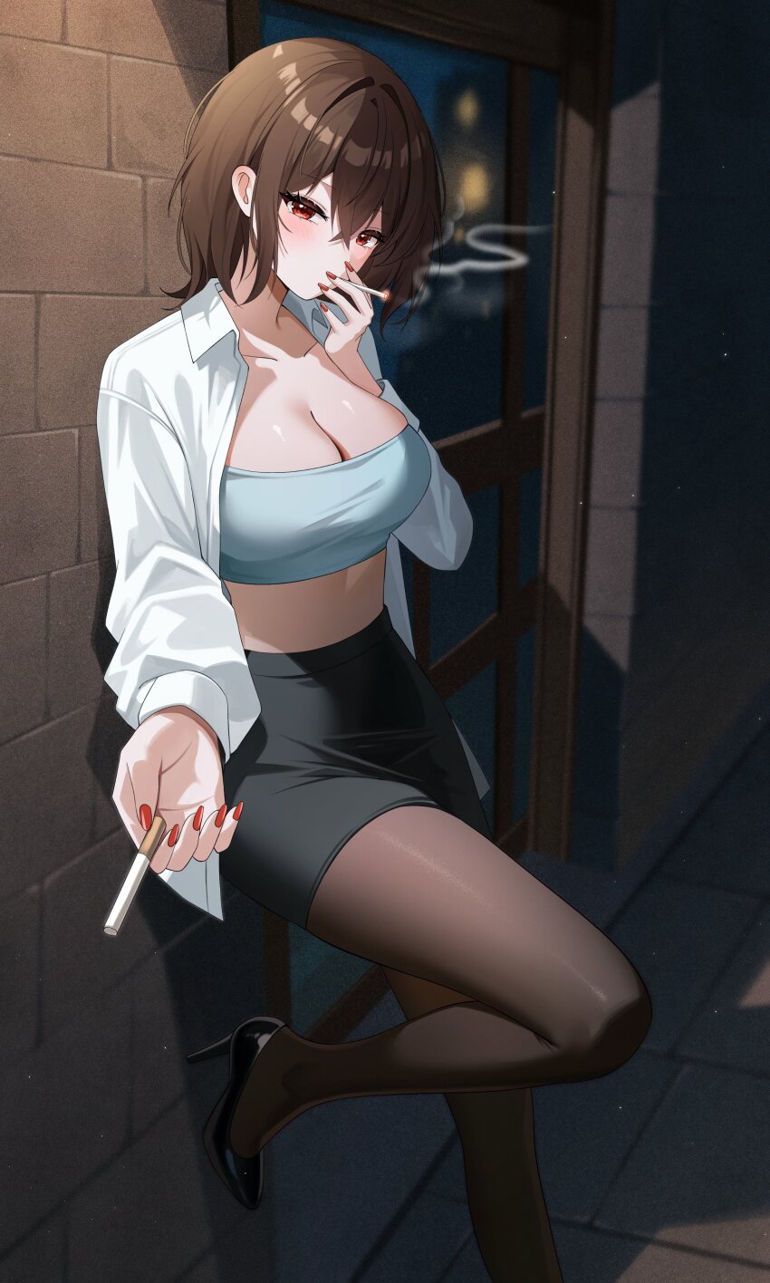 1girl absurdres bandeau black_shoes black_skirt blue_bandeau breasts brown_hair brown_pantyhose cigarette cleavage collarbone collared_shirt commentary commission hashtag-only_commentary high-waist_skirt high_heels highres holding holding_cigarette iyusei_02 large_breasts leg_up long_sleeves looking_at_viewer medium_hair midriff nail_polish open_clothes open_shirt original pantyhose pencil_skirt red_eyes red_nails shirt shoes sidelocks skirt smoking solo standing standing_on_one_leg strapless symbol-only_commentary tube_top white_shirt
