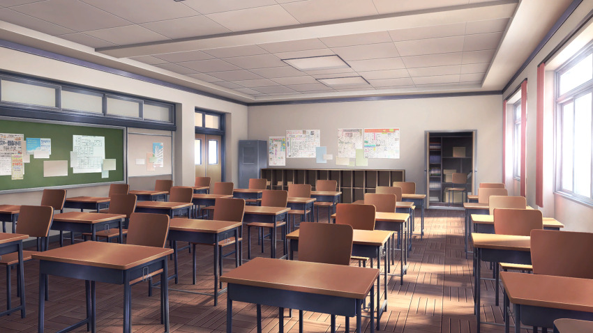book bookshelf box bulletin_board cabinet calendar_(object) cardboard_box ceiling ceiling_light chair chalkboard classroom closet clubroom commentary curtains day desk doki_doki_literature_club english_commentary file_cabinet floor game_cg highres indoors no_humans non-web_source official_art open_door paper poster_(object) school school_desk sunlight textbook tile_ceiling tiles velinquent window window_shadow wooden_chair wooden_desk wooden_door wooden_floor