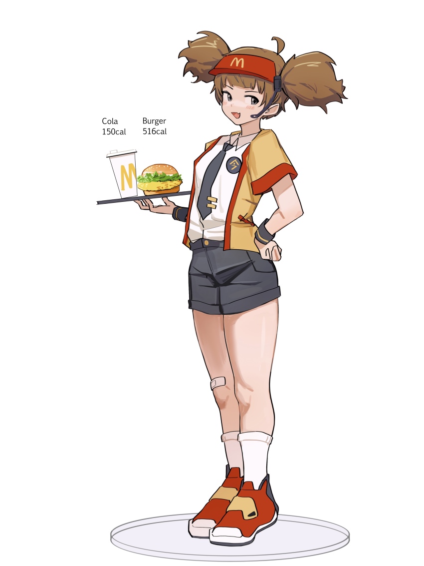 :d absurdres ahoge badge baisebandaoti1 bandaid bandaid_on_knee bandaid_on_leg black_necktie black_shorts blush breasts brown_eyes brown_hair burger button_badge collared_shirt commentary cup disposable_cup dress_shirt english_commentary english_text fang fish_(food) food fried_fish from_side full_body hat headset highres holding holding_food holding_tray imadake_dabuchi_tabemi kneehighs lettuce looking_at_viewer looking_to_the_side mcdonald&#039;s medium_breasts medium_hair microphone necktie nutrition_facts open_clothes open_mouth open_shirt red_footwear red_hat red_trim serving shirt shoes short_shorts shorts simple_background skin_fang smile smug sneakers socks soda standing tie_clip tray twintails visor_cap white_background white_shirt white_socks wristband yellow_shirt yellow_trim