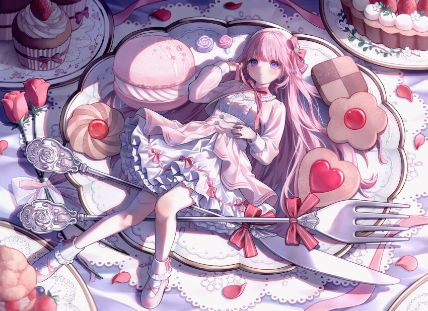1girl ankle_cuffs blunt_bangs blush bow cake cardigan center_frills checkerboard_cookie commentary cookie cropped_cardigan cupcake dress english_commentary flower flower-shaped_food food fork frilled_dress frills full_body hair_spread_out hat heart heart-shaped_cookie heart-shaped_food highres himeno_aimu indie_virtual_youtuber jewelry knife layered_skirt long_hair long_sleeves looking_at_viewer lying macaron mary_janes myon_rio on_back on_plate on_table petals pink_bow pink_cardigan pink_flower pink_hair pink_shoes purple_eyes red_bow ribbon ring rose second-party_source see-through_clothes see-through_sleeves shoes skirt socks solo table thigh_strap very_long_hair virtual_youtuber white_dress white_socks