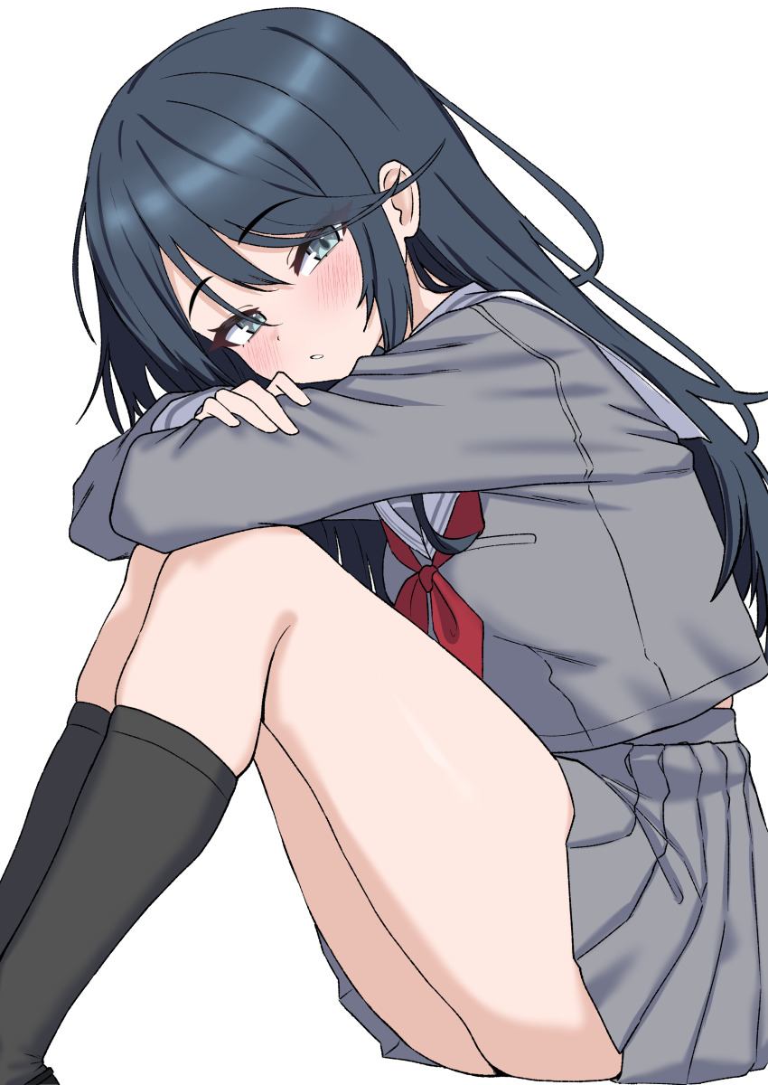 1girl absurdres ass black_hair black_socks blush from_side grey_eyes grey_serafuku grey_shirt grey_skirt highres hoshino_ichika_(project_sekai) kneehighs knees_up long_hair long_sleeves looking_at_viewer midriff_peek miniskirt neckerchief oldsickkim parted_lips pleated_skirt project_sekai red_neckerchief sailor_collar school_uniform serafuku shirt shirt_overhang simple_background sitting skindentation skirt socks solo sweat swept_bangs thighs white_background white_sailor_collar