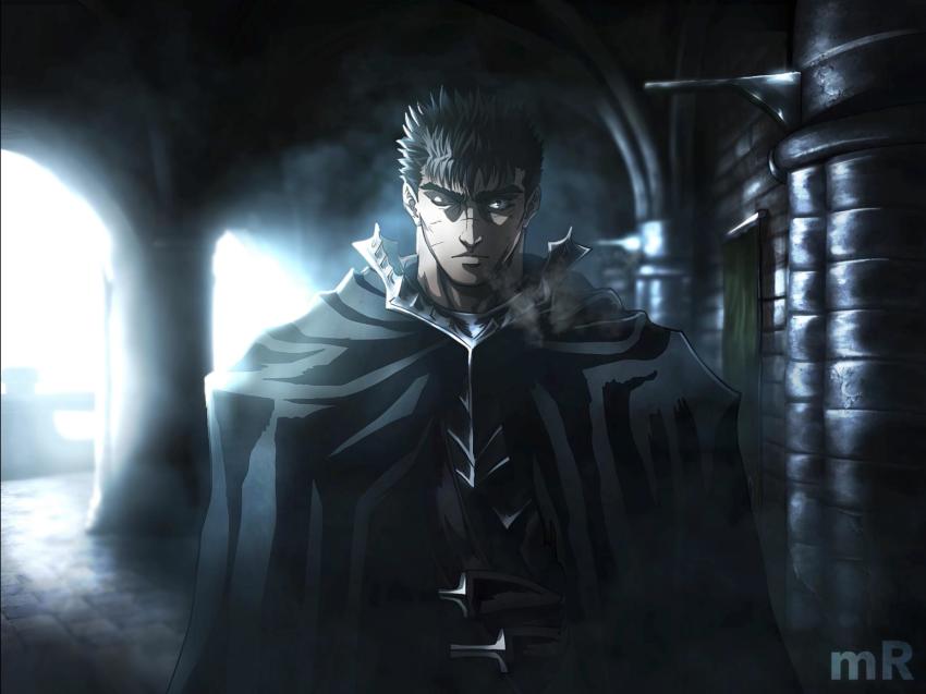 1boy armor artist_logo berserk berserker_armor black_cloak black_hair cloak guts_(berserk) highres logo looking_at_viewer male_focus mark_reymer one_eye_closed scar scar_on_face scar_on_nose short_hair solo spiked_hair standing
