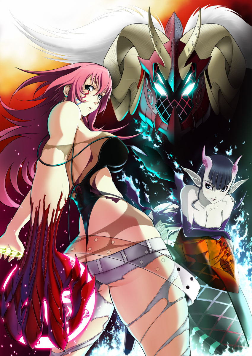 00s 2girls amanda_werner ass black_hair blassreiter blue_eyes elea from_behind green_eyes highres horns long_hair multiple_girls pink_hair pointy_ears tonycs007