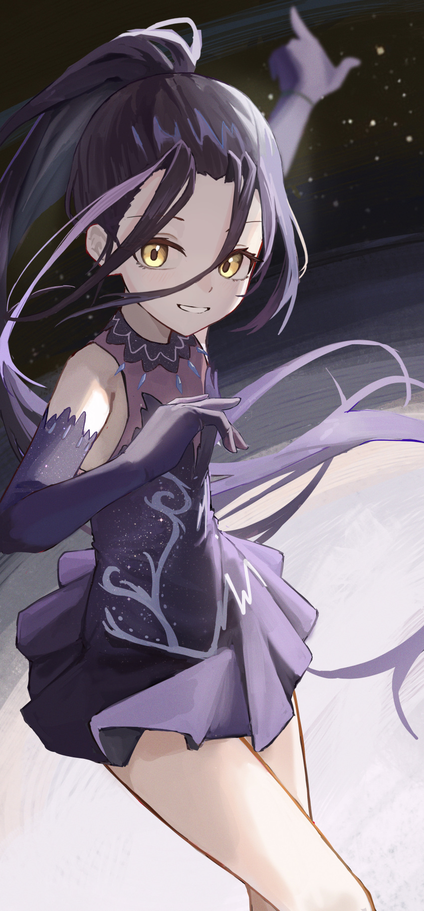 1girl absurdres black_dress black_hair dress elbow_gloves figure_skating_dress gloves haimaotuanzi highres kamisaki_hikaru long_hair looking_at_viewer medalist_(manga) ponytail skating_rink solo yellow_eyes