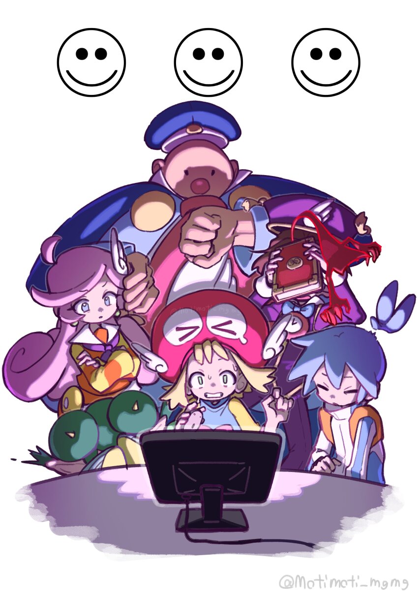 &gt;_&lt; 3boys 3girls absurdres ahoge amitie_(puyopuyo) arm_up artist_name bald blonde_hair blue_bow blue_eyes blue_hair blue_hat blue_jacket book bow bowtie clenched_teeth clock closed_mouth commentary computer_mouse computer_virus covering_face crossed_arms curly_hair donut_hair_bun double_bun fat fat_man glasses green_eyes green_hair hair_bun hair_ornament hand_on_another&#039;s_head hands_up hat highres holding holding_book holding_computer_mouse horns jacket klug_(puyopuyo) lidelle_(puyopuyo) long_hair long_sleeves looking_at_screen medium_hair monitor motimoti_mgmg multiple_boys multiple_girls parted_lips pink_hair pointy_ears purple_hat purple_jacket puyopuyo puyopuyo_fever_2 raffina_(puyopuyo) red_hat red_nose round_eyewear scared screen_light shirt short_hair sig_(puyopuyo) simple_background sleeves_past_fingers sleeves_past_wrists smiley_face standing striped_clothes striped_shirt tartar_(puyopuyo) teeth twitter_username very_long_sleeves white_background wide-eyed wing_hair_ornament winged_hat you_are_an_idiot_(virus)